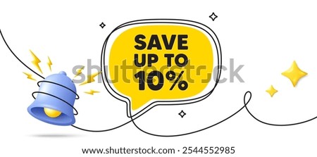 Save up to 10 percent. Continuous line art banner. Discount Sale offer price sign. Special offer symbol. Discount speech bubble background. Wrapped 3d bell icon. Vector