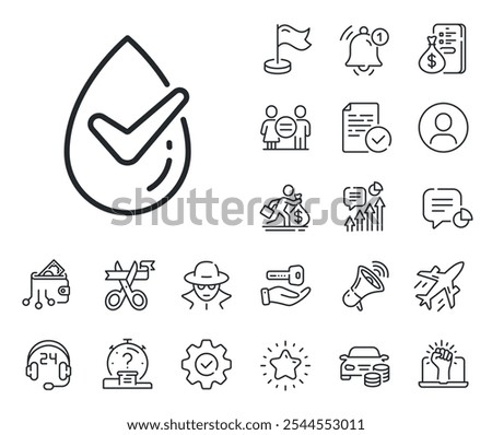 Organic approved sign. Salaryman, gender equality and alert bell outline icons. Dermatologically tested line icon. No synthetic symbol. Dermatologically tested line sign. Vector