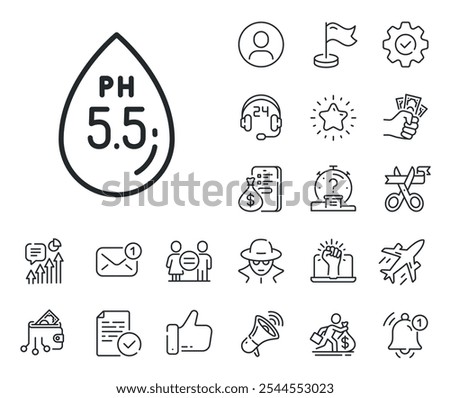 Clinically tested sign. Salaryman, gender equality and alert bell outline icons. Ph neutral line icon. Water drop symbol. Ph neutral line sign. Spy or profile placeholder icon. Vector