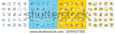 Vector icons set of Project edit, Globe and File storage line icons pack for web with Blog, Calendar, People chatting outline icon. Mobile survey, Instruction manual. Vector