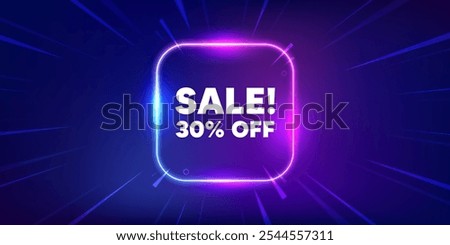 Sale 30 percent off discount. Neon light frame box banner. Promotion price offer sign. Retail badge symbol. Sale neon light frame message. Vector