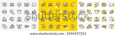 Outline Chat message, Report checklist and Teamwork chart line icons pack for web with Inspect, Stop stress, Graph laptop line icon. Education idea, Business podium, Calendar pictogram icon. Vector