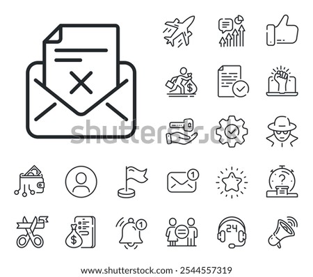 Delete mail sign. Salaryman, gender equality and alert bell outline icons. Reject letter line icon. Decline message. Reject letter line sign. Spy or profile placeholder icon. Vector