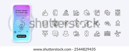 5g internet, Seo idea and Excise duty line icons for web app. Phone mockup gradient screen. Pack of Parking garage, Smile face, Smartphone repair pictogram icons. Vector