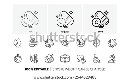 Disability, Copper mineral and Low thermometer line icons. Pack of Thiamine vitamin, Iodine mineral, Stress icon. Intestine, Conjunctivitis eye, Social care pictogram. Medical insurance. Vector