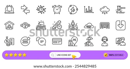 Reminder, Presentation board and Parking garage line icons for web app. Pack of Cloud computing, Text message, Auction hammer pictogram icons. Survey results, Project deadline. Search bar. Vector