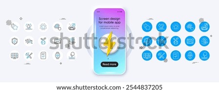 Waterproof, Star and Save planet line icons. Phone mockup with 3d energy icon. Pack of Checked file, Power safety, Hammer tool icon. Car service, Remove image, Cardio training pictogram. Vector