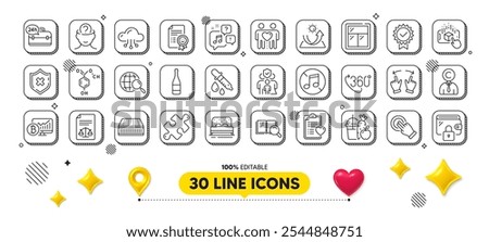 Chemistry pipette, Voicemail and Reject protection line icons pack. 3d design elements. 24h service, Wallet, Sun protection web icon. Window, Augmented reality, Bed pictogram. Vector