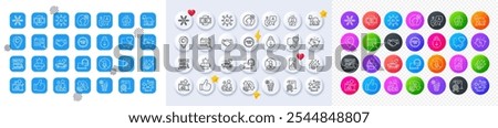 No microphone, Winner podium and Chemistry lab line icons. Square, Gradient, Pin 3d buttons. AI, QA and map pin icons. Pack of Snowflake, Certificate, Handshake icon. Vector