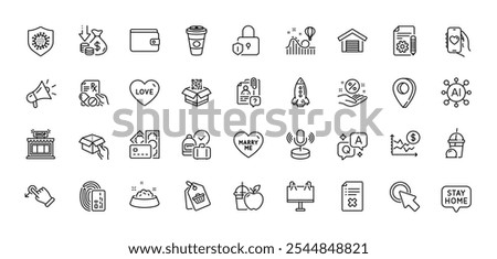 Coronavirus, Dog feeding and Stay home line icons pack. AI, Question and Answer, Map pin icons. Shop, Money, Search employee web icon. Loan percent, Microphone, Reject file pictogram. Vector