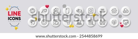 Smartphone target, Smartphone cover and Strategy line icons. White buttons 3d icons. Pack of Wallet, House security, Loyalty ticket icon. Volunteer, Fireworks, Idea pictogram. Vector