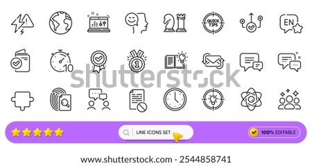 Idea, Inspect and Employees messenger line icons for web app. Pack of Correct way, Sound check, Wrong file pictogram icons. Lightning bolt, Refresh mail, Approved signs. Puzzle. Search bar. Vector