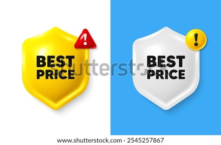 Best Price tag. Shield 3d banner with text box. Special offer Sale sign. Advertising Discounts symbol. Best price chat protect message. Shield speech bubble banner. Danger alert icon. Vector