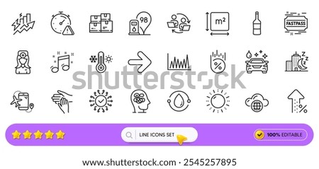 Wine, Loan percent and Teamwork process line icons for web app. Pack of Flights application, Anxiety, Petrol station pictogram icons. Night city, Consumption growth, Next signs. Search bar. Vector