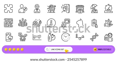 Edit user, Vegetables cart and Balance line icons for web app. Pack of Timer, Column diagram, Gift shop pictogram icons. Vacancy, Incoming call, Clipboard signs. Puzzle, Pets care. Search bar. Vector