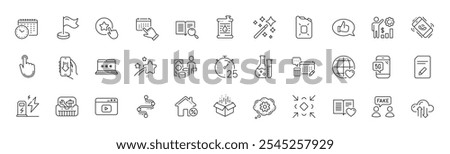 Fake information, Oil barrel and Cogwheel line icons. Pack of Money profit, Loyalty star, Falling star icon. Magic wand, Hand click, Search text pictogram. Timeline, Toolbox, Calendar time. Vector