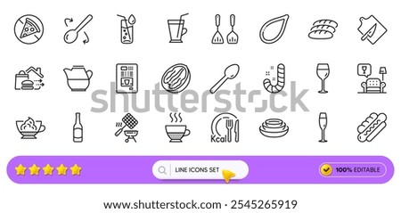 Lounge, Calories and Prohibit food line icons for web app. Pack of Candy, Pumpkin seed, Wine glass pictogram icons. Food delivery, Dishes, Pecan nut signs. Doppio, Coffee vending, Coffee cup. Vector