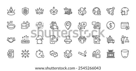 Clapping hands, Shop and Dirty t-shirt line icons pack. AI, Question and Answer, Map pin icons. Silicon mineral, Online voting, Calendar tax web icon. Vector