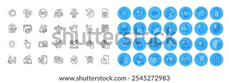 Organic product, Food app and Buying currency line icons pack. Timer app, Instruction info, Speaker web icon. Accounting report, Lock, Touchscreen gesture pictogram. Money currency. Vector