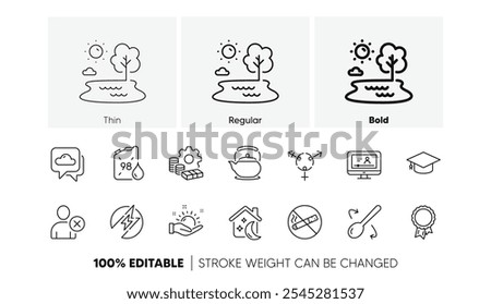 Teapot, Money and Delete user line icons. Pack of Sunny weather, Petrol canister, Graduation cap icon. Weather forecast, Cooking spoon, Sleep pictogram. No smoking, Lake, Electric energy. Vector