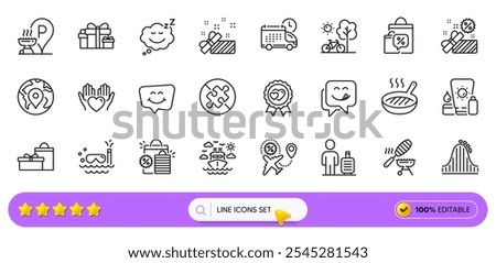 Fish grill, Delivery and Grill place line icons for web app. Pack of Sleep, Smile chat, Roller coaster pictogram icons. Baggage, Hold heart, Holiday presents signs. Love award. Search bar. Vector