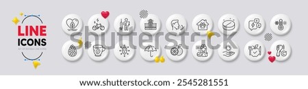 Cough, Local grown and Thermometer line icons. White buttons 3d icons. Pack of E-bike, Vaccination announcement, Pet shelter icon. Hospital building, Sun protection, Medical tablet pictogram. Vector