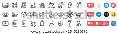 Money tax, Document and Medical drugs line icons pack. Social media icons. Washing machine, Attached info, Checklist web icon. Delivery man, Cyclist, Couple pictogram. Vector