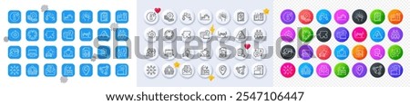 Electricity factory, Inclusion and Checklist line icons. Square, Gradient, Pin 3d buttons. AI, QA and map pin icons. Pack of Timer, Stock analysis, Money icon. Vector