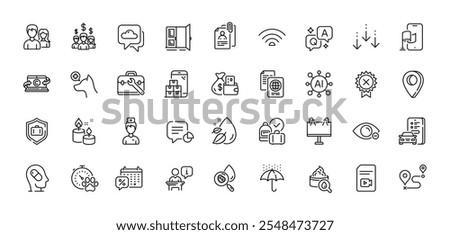 Tool case, Statistic and Car registration line icons pack. AI, Question and Answer, Map pin icons. Weather forecast, Aroma candle, Discounts calendar web icon. Vector