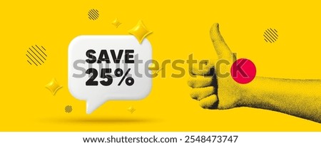 Hand showing thumb up like sign. Save 25 percent off tag. Sale Discount offer price sign. Special offer symbol. Discount chat box 3d message. Grain dots hand. Like thumb up sign. Vector