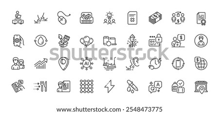 Lock, Computer mouse and Charging time line icons pack. AI, Question and Answer, Map pin icons. App settings, Delete file, Talk web icon. Vector