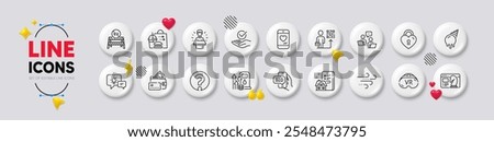 Windy weather, Food delivery and Idea lamp line icons. White buttons 3d icons. Pack of Money, Question mark, Vr icon. Fuel price, Eu close borders, Brand ambassador pictogram. Vector