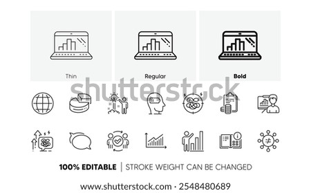 Talk bubble, Weariness and Instruction info line icons. Pack of Globe, Approved teamwork, Stress icon. Graph chart, Stress grows, Presentation board pictogram. Accounting, Creative idea. Vector