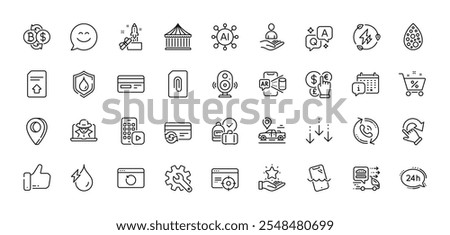 24h service, Scroll down and Car place line icons pack. AI, Question and Answer, Map pin icons. Recovery internet, Waterproof, Green electricity web icon. Vector