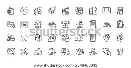 Shop app, Targeting and Seo gear line icons pack. AI, Question and Answer, Map pin icons. Gps, Delivery service, Food web icon. Reject checklist, Pets care, Search flight pictogram. Vector