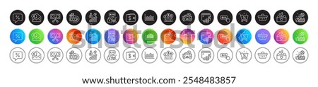 Cut tax, Cyber attack and Car leasing line icons. Round icon gradient buttons. Pack of Discount message, Loan percent, Donation icon. Money diagram, Salary, Currency rate pictogram. Vector