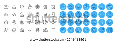 Rise price, Certificate and Package location line icons pack. Wholesale inventory, Open door, Warning message web icon. Eco power, Brush, Car charging pictogram. Lightning bolt. Vector