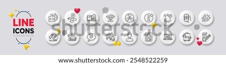 Chemical hazard, Approved and Charging parking line icons. White buttons 3d icons. Pack of Instruction info, Puzzle, Reminder icon. Energy inflation, Furniture, Info pictogram. Vector