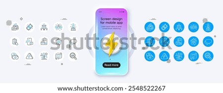 Vr, Inspect and Lightning bolt line icons. Phone mockup with 3d energy icon. Pack of Payment, Inclusion, Architectural plan icon. Windmill, Phone message, Report pictogram. Vector