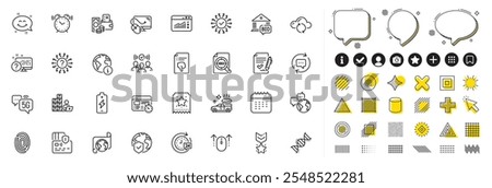 Set of Update comments, Chemistry dna and Fingerprint line icons for web app. Design elements, Social media icons. 5g internet, Web traffic, Alarm clock icons. Vector