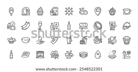 Hamburger, Pasta and Espresso line icons pack. AI, Question and Answer, Map pin icons. Water care, Food delivery, Overeating pills web icon. Cupcake, Food order, Brandy bottle pictogram. Vector