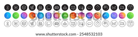 Microscope, Messages and Interview job line icons. Round icon gradient buttons. Pack of Calendar, Talk bubble, Ranking stars icon. Cogwheel, Recovery laptop, Messenger pictogram. Vector