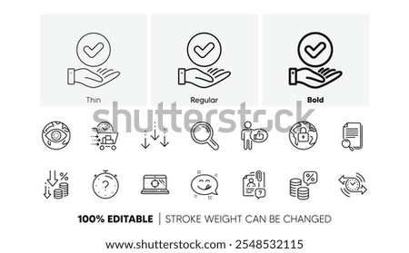 Money tax, Search file and Seo laptop line icons. Pack of Approved checkbox, Cyber attack, Food delivery icon. Timer, Yummy smile, Deflation pictogram. Like, Search employee, Lock. Quiz. Vector