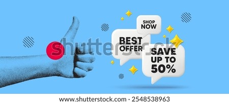 Hand showing thumb up like sign. Save up to 50 percent tag. Discount Sale offer price sign. Special offer symbol. Discount chat 3d speech bubble. Grain dots hand. Like thumb up sign. Shop now. Vector