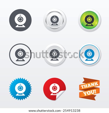 Webcam sign icon. Web video chat symbol. Camera chat. Circle concept buttons. Metal edging. Star and label sticker. Vector