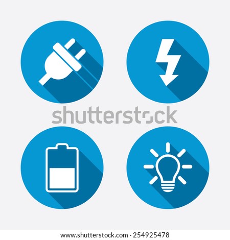 Electric plug icon. Light lamp and battery half symbols. Low electricity and idea signs. Circle concept web buttons. Vector