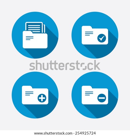 Accounting binders icons. Add or remove document folder symbol. Bookkeeping management with checkbox. Circle concept web buttons. Vector