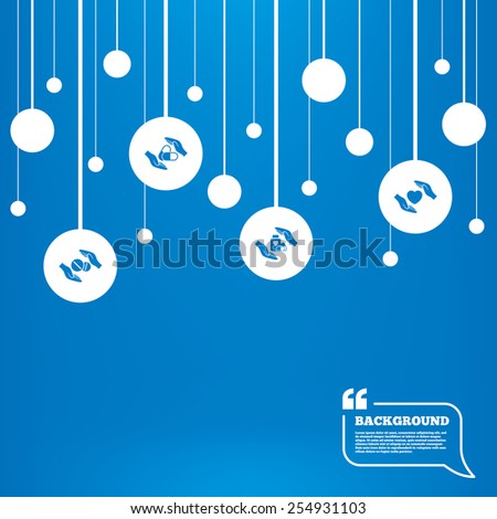 Circles background with lines. Hands insurance icons. Health medical insurance symbols. Pills drugs and tablets bottle signs. Icons tags hanged on the ropes. Vector