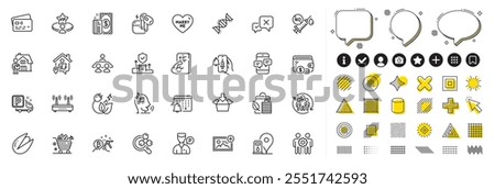 Set of Pistachio nut, Reject and Chemistry lab line icons for web app. Design elements, Social media icons. Employees teamwork, Security agency, Get box icons. Vector