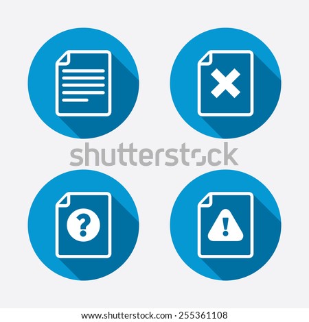 File attention icons. Document delete symbols. Question mark sign. Circle concept web buttons. Vector